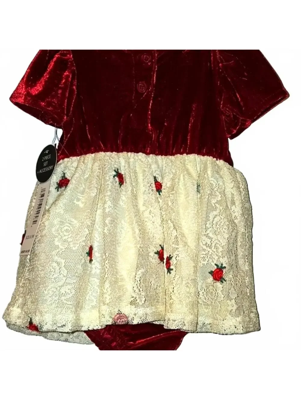 Nicole New York Velvet Baby Dress Set Headband Red & Cream Rosebuds 0-3 Months